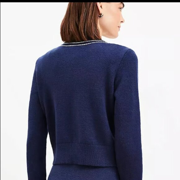 ANN TAYLOR LOFT TOPSTITCHED NAVY WHITE GOLD BUTTON SWEATER JACKET CARDIGAN XXSP - Picture 4 of 7